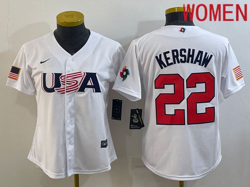 Women 2023 World Cub USA #22 Kershaw White Nike MLB Jersey2->women mlb jersey->Women Jersey
